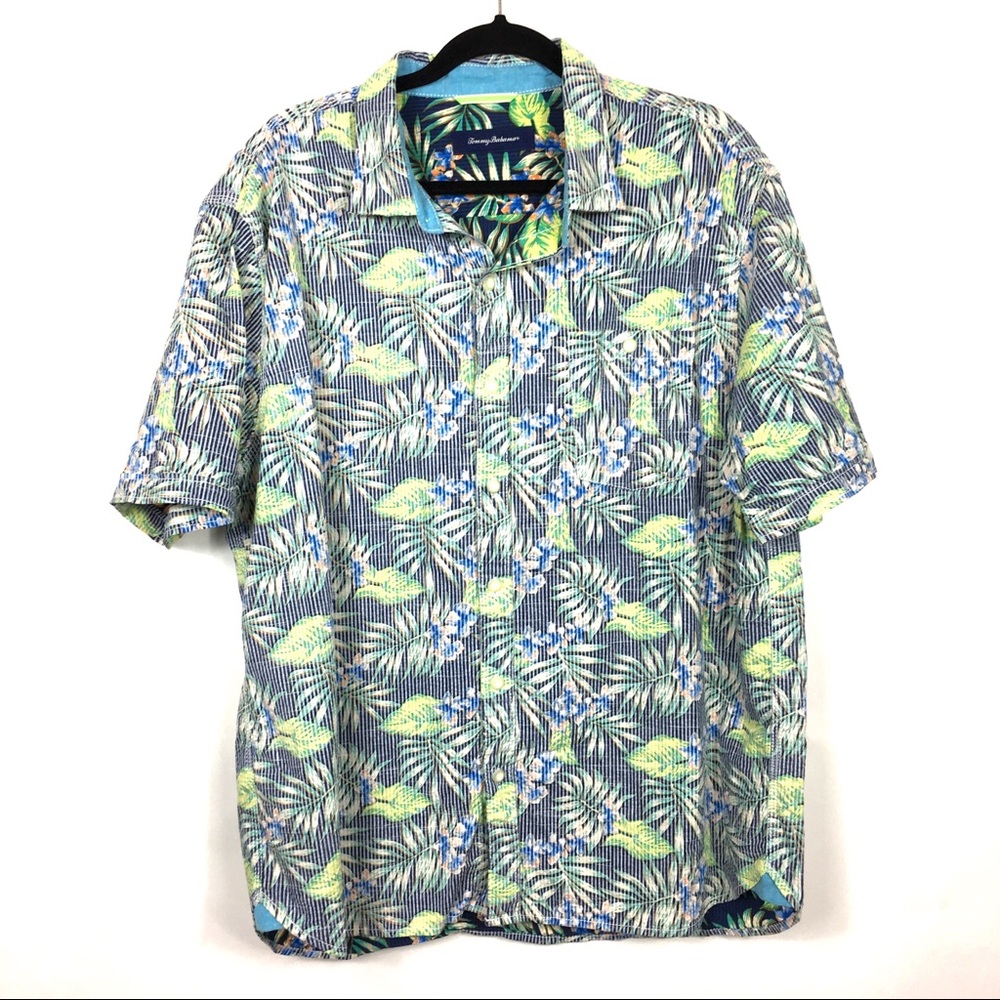 Tommy Bahama Blue, Green and White Tropical Leaf Short Sleeve Button-Down